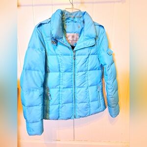 NWOT Eddie Bauer Blue Teal Quilted Down Filled Puffer Jacket High Collar Size M